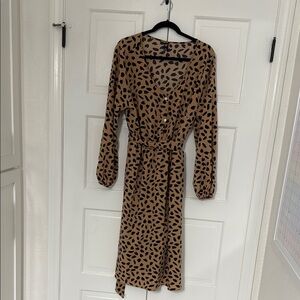 SHEIN Brown and Cream Wrap Tie Front Dress with Bishop Sleeves